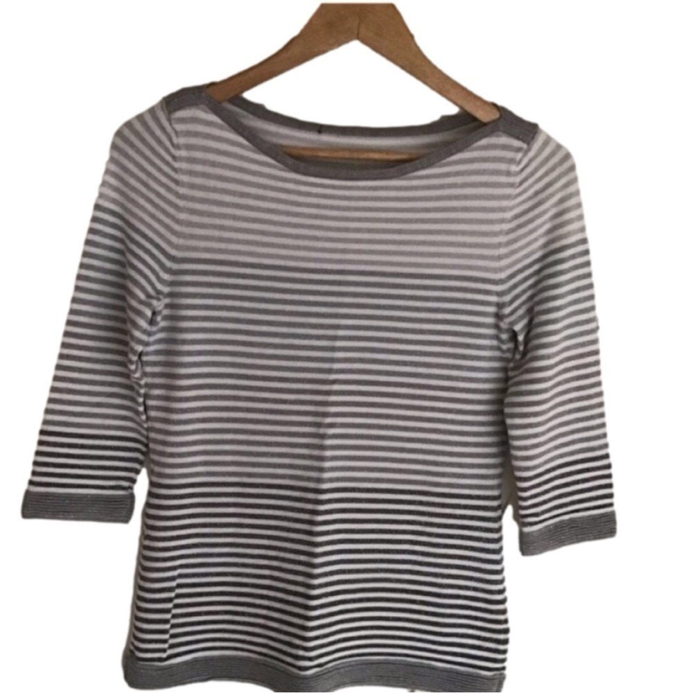 Petite Striped Knit Sweater Boat Neck Gray Ivory Shimmer 3/4 Sleeve Quiet Luxury